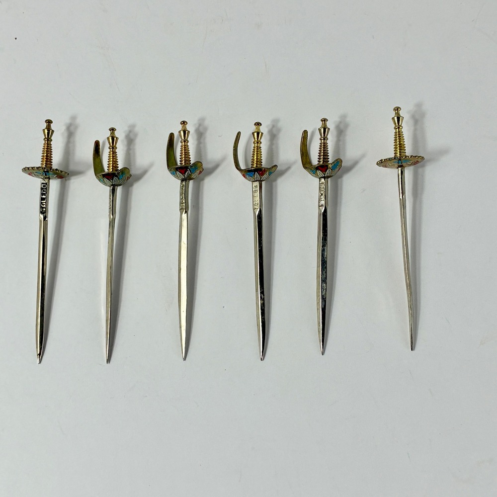 VTG Toledo Spain Damascene Enamel Sword Cocktail Picks Set of 6 Barware